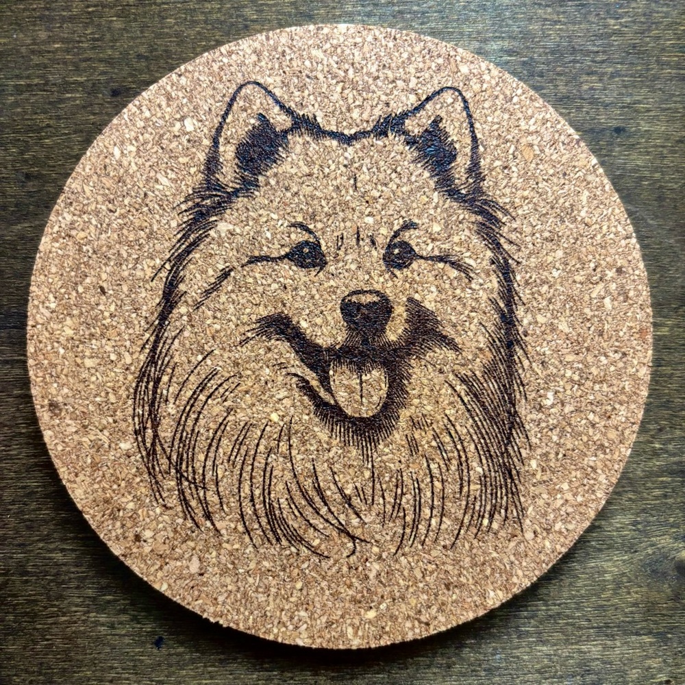 American Eskimo Dog Face Laser Engraved Cork Coaster